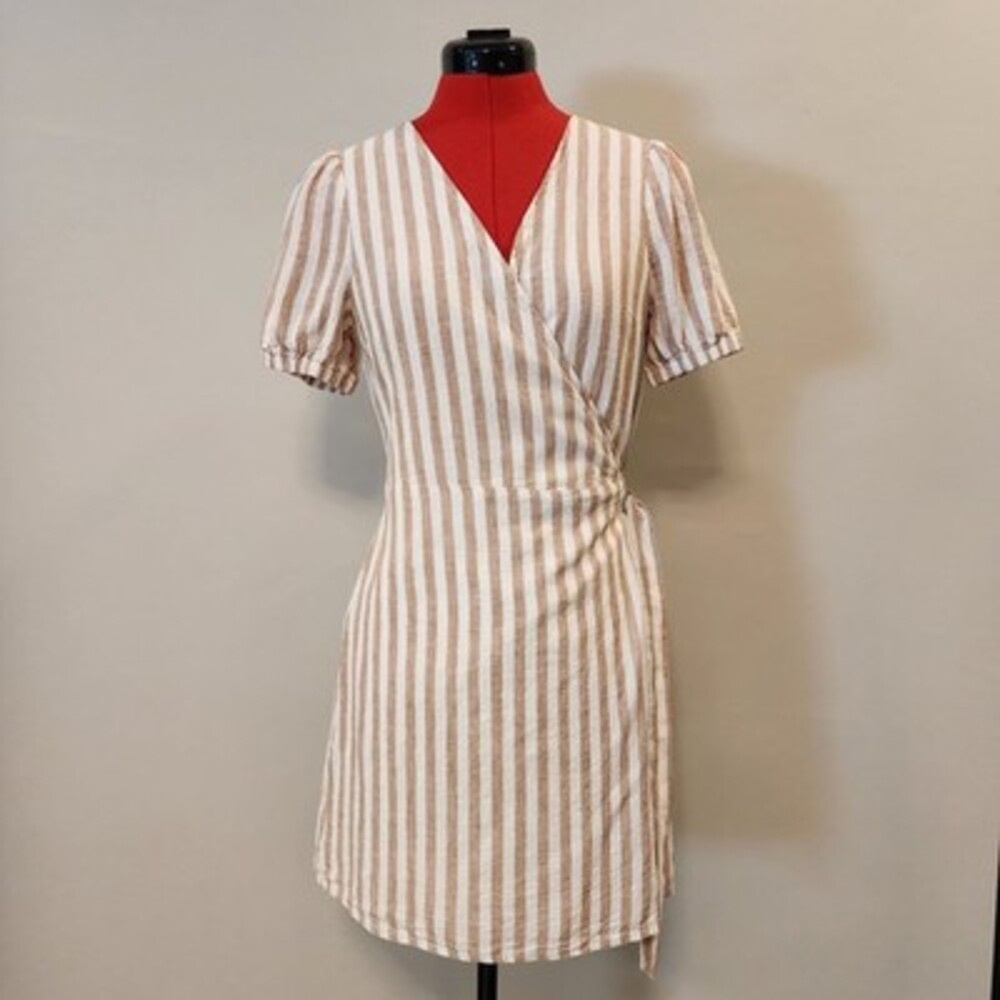 The Impeccable Pig Linen Blend Tan Striped Wrap Dress Puff Sleeve M